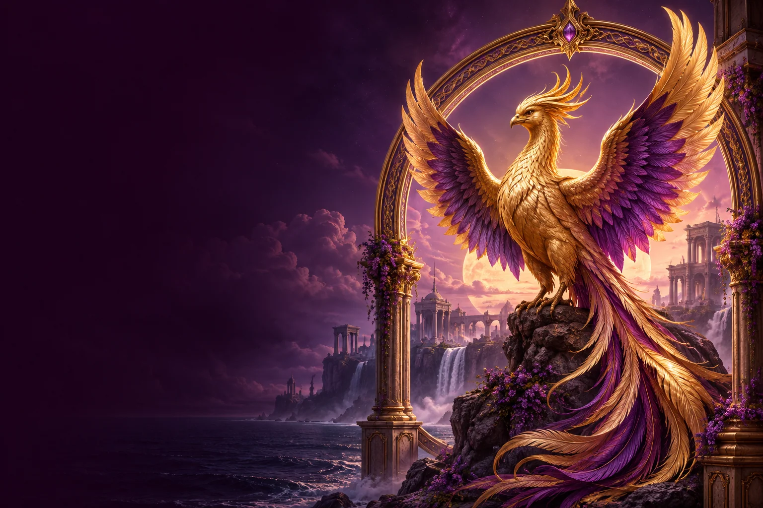 Original golden phoenix with violet wings beneath an ornamental arch.